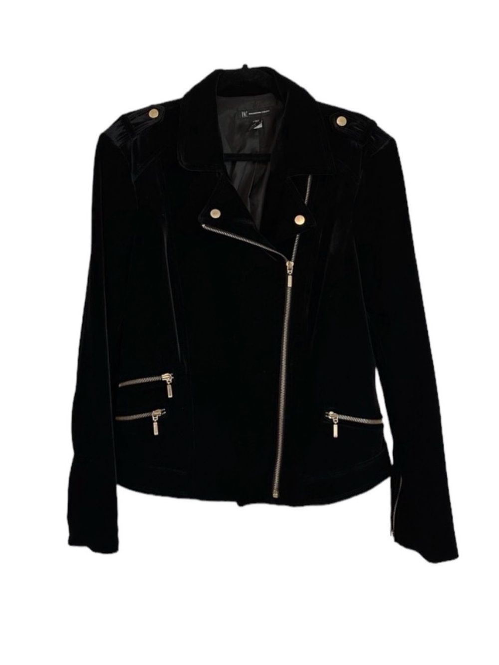 INC black velvet moto jacket with gold hardware, size L - so eye catching!